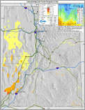 Thumbnail image of 1%-slope NREL map of concentrating solar power prospects in Utah, with index highlighting direct-normal solar radiation, transmission lines, and power plants.