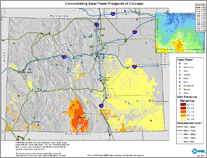 Thumbnail image of 3%-slope NREL map of concentrating solar power prospects in Colorado, with index highlighting direct-normal solar radiation, transmission lines, and power plants.