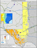 Thumbnail image of 3%-slope NREL map of concentrating solar power prospects in Texas, with index highlighting direct-normal solar radiation, transmission lines, and power plants.