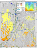 Thumbnail image of 3%-slope NREL map of concentrating solar power prospects in Utah, with index highlighting direct-normal solar radiation, transmission lines, and power plants.