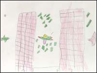 A child's illustration of the World Trade Center Attacks.