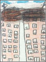 A child's illustration of the World Trade Center Attacks.