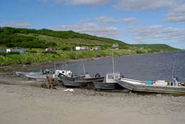 Skiffs on beach by Mountain Village, Alaska