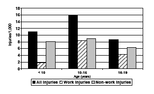 Non-fatal injury rates (per 1,000) for youth living on U.S. farms by age group, 2006