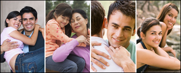 Pareja de hombre y mujer; Mamá e hija; Muchachos abrazándose; Muchachas sonriendo