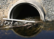 Photo of a sewer system pipe opening, along with the dirty water coming out of it