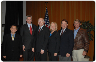 Secretary of the Interior Ken Salazar with (from l to r) Rep. Joseph Cao, Rep Bill Cassidy, Secretary Salazar, Sen. Mary Landrieu, Rep Charlie Melencon, Rep. Gene Taylor. 