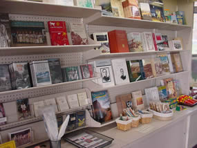 Shelves lined with books.