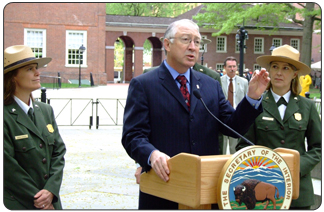 Secretary Salazar visited Philadelphia today and discussed his first 100 days in office, his major reform efforts at the Department of the Interior and America’s Recovery and Reinvestment Act. The Secretary visited Independence Hall and announced Recovery Act funding for long needed repairs. [Photo Credit: Ian Crane - NPS]