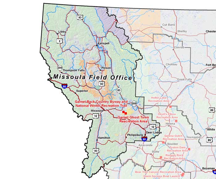 map showing recreation sites in the Missoula Field Office