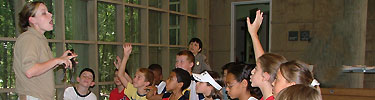 Enthusiastic summer camp kids raise their hands to answer a volunteer's question at the Barataria Preserve.