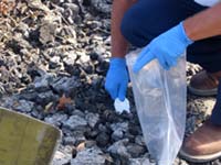 An EPA worker takes a soil sample to determine levels of toxicity.