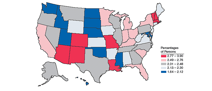 Figure 3. Percentages of Persons Aged 12 or Older Reporting Past Year Cocaine Use, by State: 2002-2003