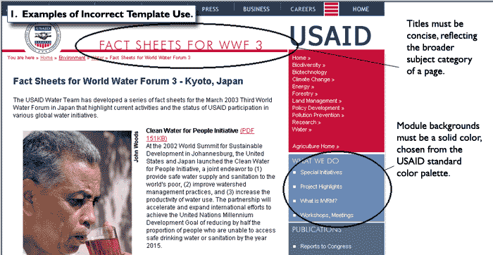 1. Examples of Incorrect Template Use: Illustration of title and module color problems with the current USAID template