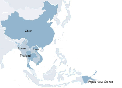 Map of RDMA countries in Asia: China, Burma, Thailand, Laos, Papua New Guinea, Marshall Islands, Micronesia,