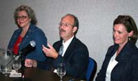 Paul LaRue, center, responds to a question from the audience during the educational session "Involving Youth in Historic Preservation" held in Tulsa, Oklahoma, on October 25, 2008 during the annual conference of the National Trust for Historic Preservation. LaRue teaches at Washington Senior High School at Washington Court House, Ohio. Also serving on the panel were (left) Donna Gourd, Service Learning Program Manager for the Cherokee Nation, and Dr. Libby O'Connell, Vice President and Chief Historian of The History Channel. (Photo courtesy of the Advisory Council on Historic Preservation)