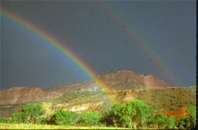 Double Rainbow over Headquarters with Castle Rock formation in background