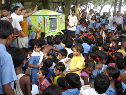 More than 800 children came out to see the first viewing-by-rickshaw of Sisimpur, Bangladesh’s Sesame Street, in the small town of Savar. After only a few months on the road, Sisimpur attracts an average of 100 children each showing.