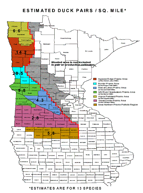 Map showing the pairs of nesting ducks per square mile in parts of Minnesota and Iowa - Credit:  U.S. Fish and Wildlife Service / 