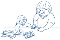 Childlike drawing of a mother handing a pencil to a child while they are sitting at a table working on homework.