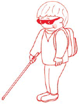 Childlike drawing of a blind child using a walkingstick, and wearing dark glasses and a school backpack.