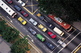 An aerial view of street traffic