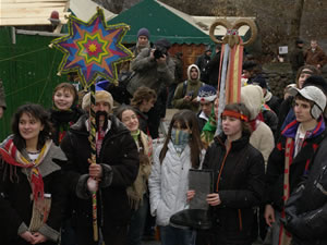 Carolers performing Malanka, the traditional New Year's skit, on Andriyvsky Uzviz