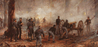 Union gunners fire at nearby Missouri State Guard troops at the begining of the first day of battle