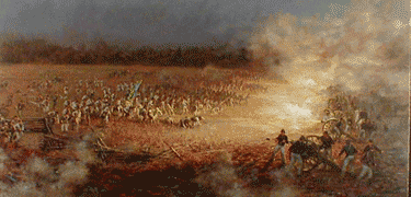 Confederates charge into Union cannons at sunset at the end of the first day