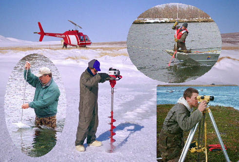 Photo collage of water resource employees in action.  USFWS.