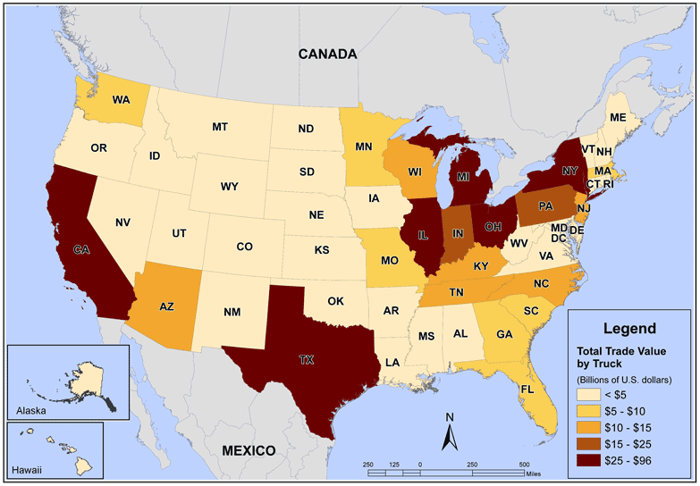 Total Trade Value by Truck Between Individual States and Our NAFTA Partners, 2007. If you are a user with disability and cannot view this image, call 800-853-1351.