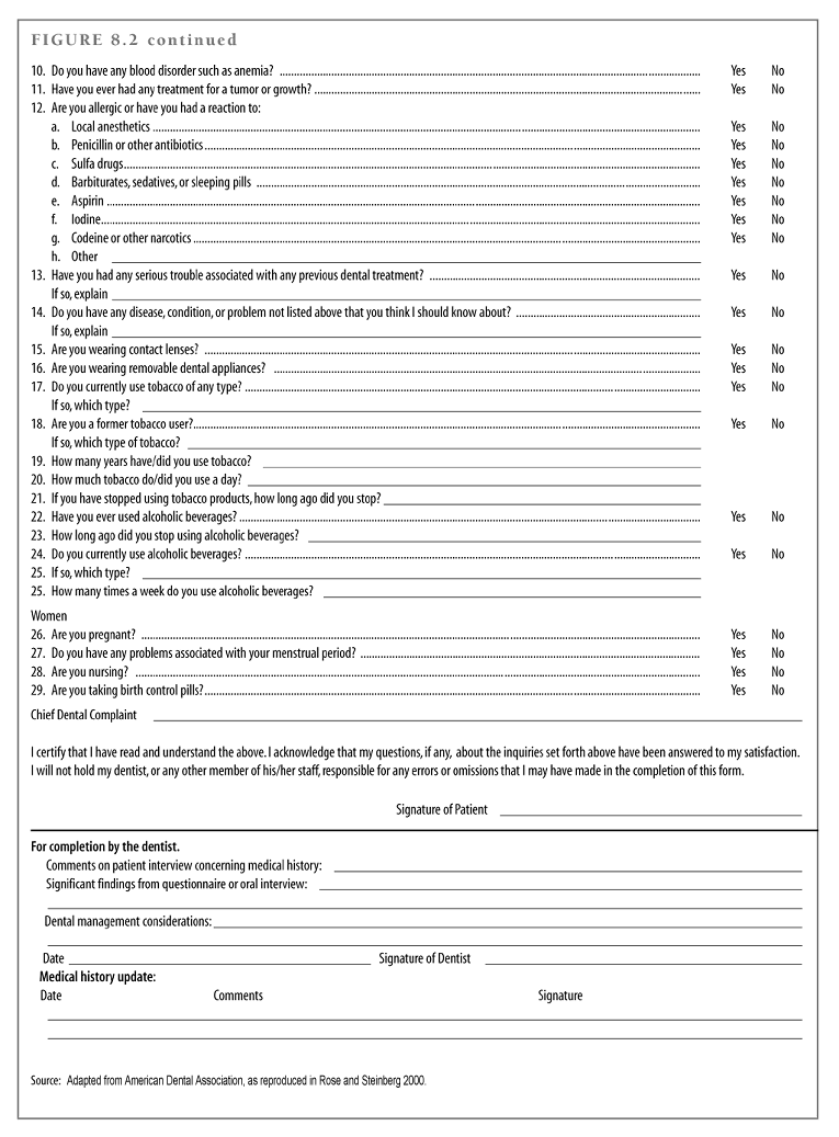 Figure 8.2, Part Two, "Medical history form for use in dental practice"