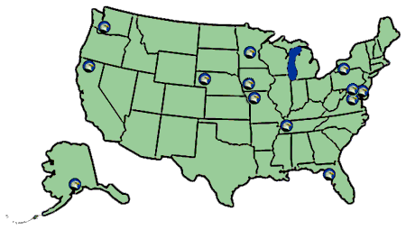 Map of U.S. showing 13 great places to view bald eagles.