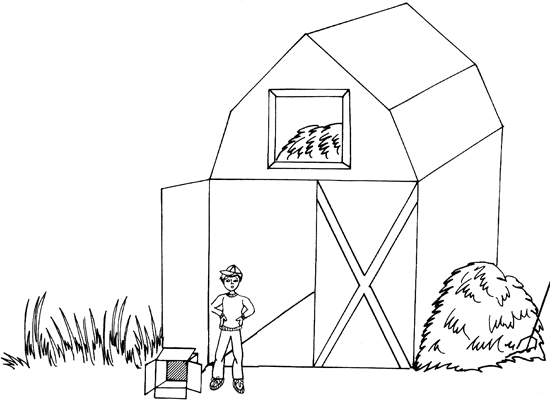 Illustration of Jason standing outside the barn with his hands on his hips, and the open box on the ground next to him.