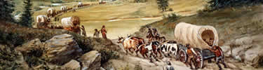 painting of covered wagons, wagon after wagon seen off into the distance