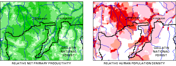 Figure 8-15 Maps illustrating relative net primary productivity and relative human population density