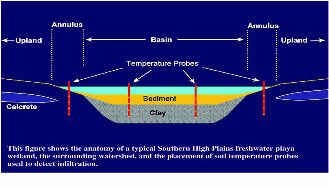 This figure shows the anatomy of a typical Southern High Plains freshwater playa wetland, the surrounding watershed, and the placement of soil temperature probes used to detect infiltration.