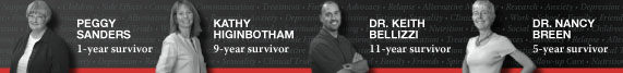 Peggy Sanders, 1-year survivor; Kathy Higinbotham, 9-year survivor; Dr. Keith Bellizzi, 11-year survivor; Dr. Nancy Breen, 5-year survivor