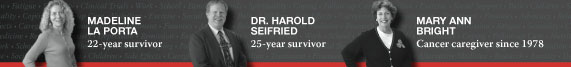 Madeline La Porta, 22-year survivor; Dr. Harold Seifried, 25-year survivor; Mary Ann Bright, Cancer caregiver since 1978