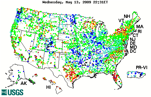 Stream gage levels in The United States, relative to 30 year average.