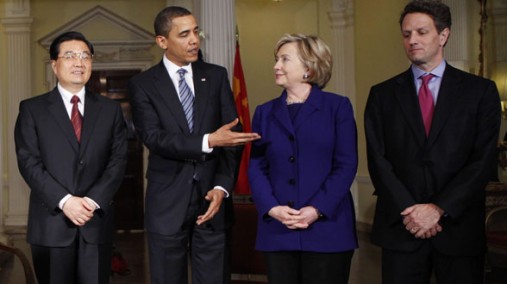 President Obama and Chinese President Hu Jintao with Clinton and Geithner, London, Apr. 1, 2009. AP