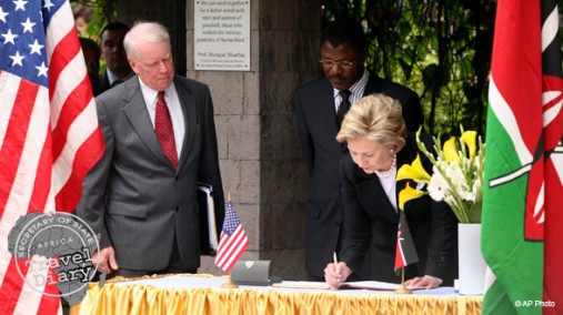 Secretary Clinton at Memorial Park in Nairobi, Kenya, Aug. 6, 2009. [AP Photo]