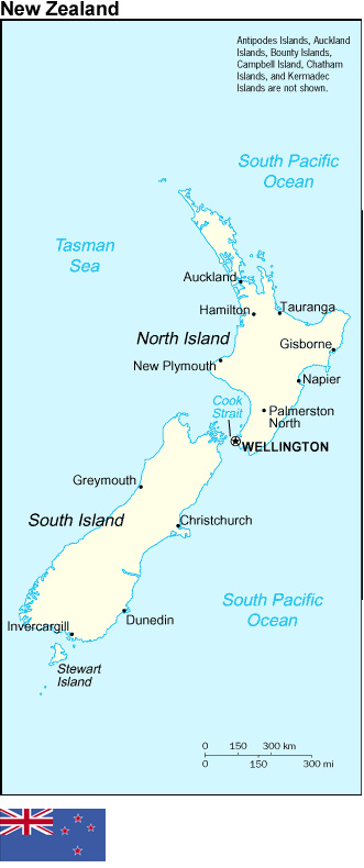 Map and flag of New Zealand