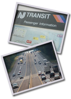 Photos:  NJ Transit Passenger Information Sign; Wide View of Traffic on the Highway