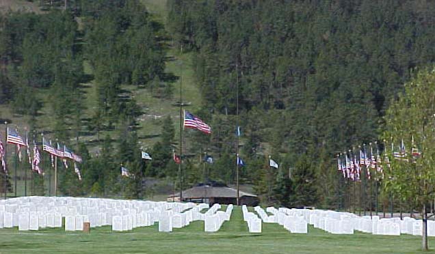 A photo of rows of upright markers vertically aligned going down hill towards an administration building. A line of American flags are positioned to the left and right of the photo.