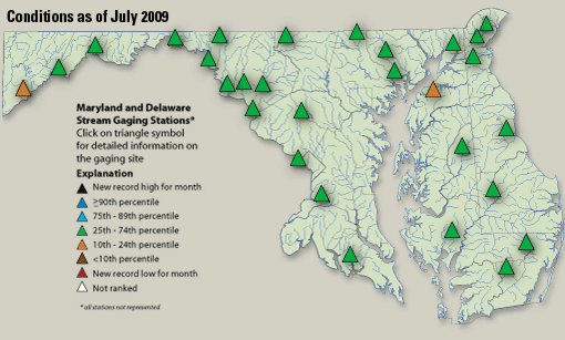 Map of Maryland displaying streamflow gaging sites and rankings