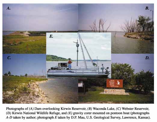 Photographs of (A) 
dam overlooking Kirwin Reservoir, (B) Waconda Lake, (C) Webster Reservoir, (D) Kirwin 
National Wildlife Refuge, and (E) gravity corer mounted on pontoon boat.