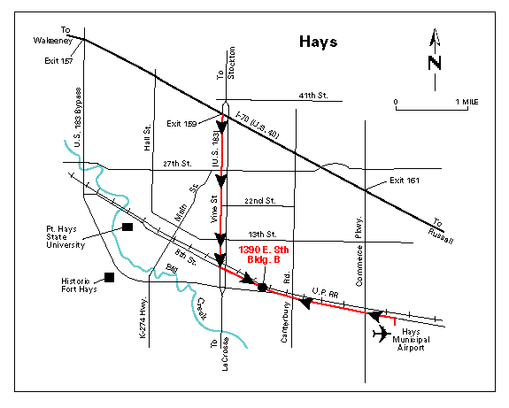 Map showing directions to Hays field office