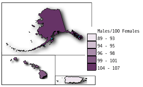 Males per 100 Females: Census 2000 map.