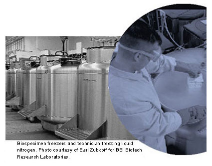Biospecimen freezers and technician freezing liquid nitrogen. Photo courtesy of Earl Zubkoff for BBI Biotech Research Laboratories
